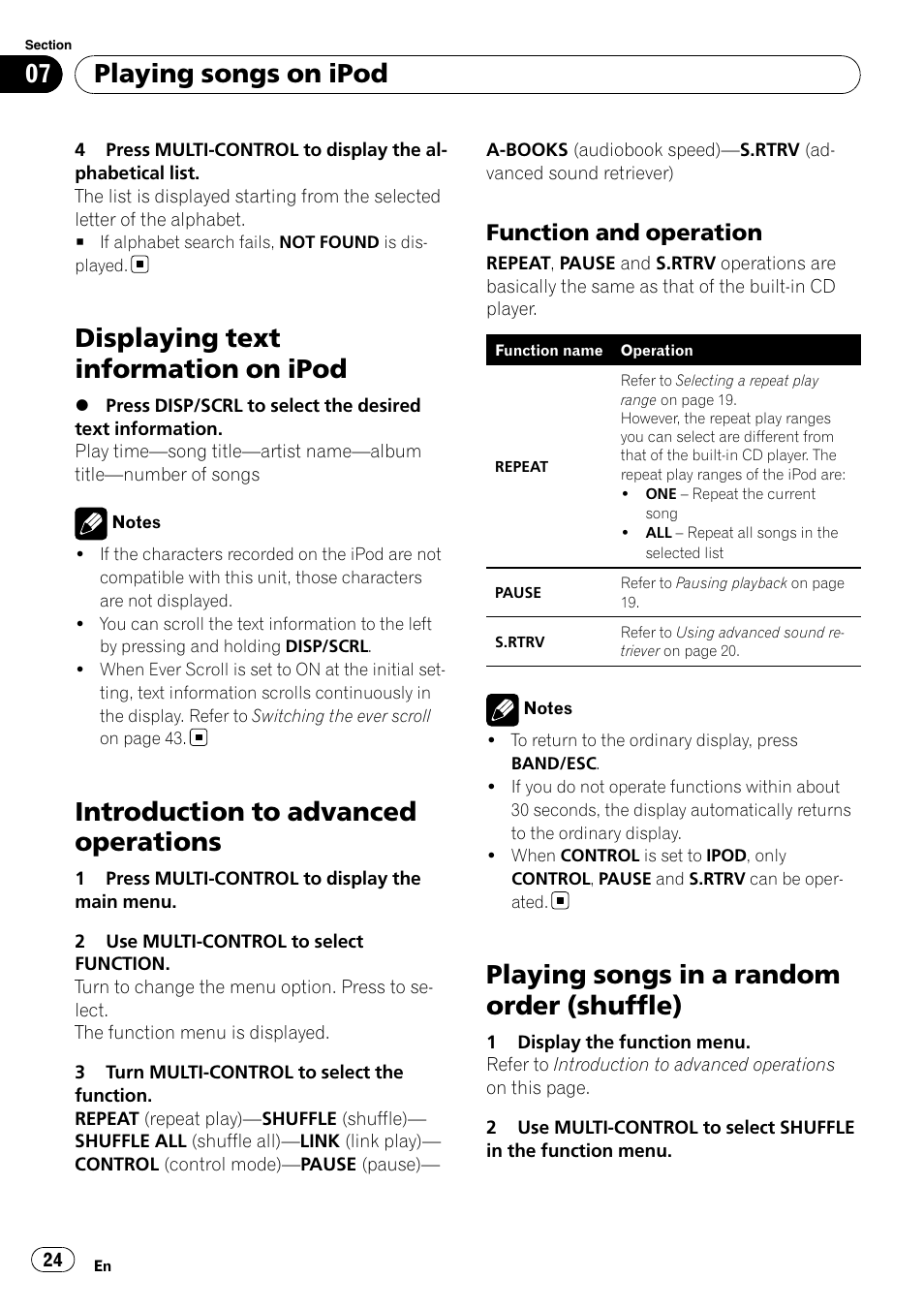 Displaying text information on ipod, Introduction to advanced operations, Function and operation 24 | Playing songs in a random order, Shuffle), Playing songs in a random order (shuffle), Playing songs on ipod, Function and operation | Pioneer DEH-6100BT User Manual | Page 24 / 56