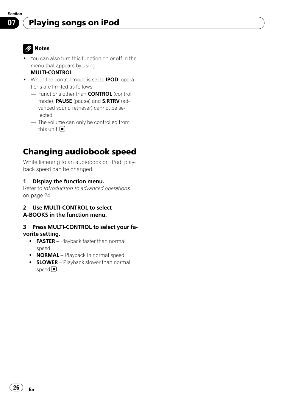 Changing audiobook speed, Playing songs on ipod | Pioneer DEH-6100BT User Manual | Page 26 / 56
