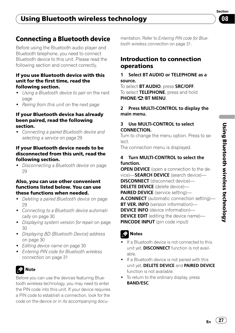 Introduction to connection, Operations, Connecting a bluetooth device | Using bluetooth wireless technology, Introduction to connection operations | Pioneer DEH-6100BT User Manual | Page 27 / 56