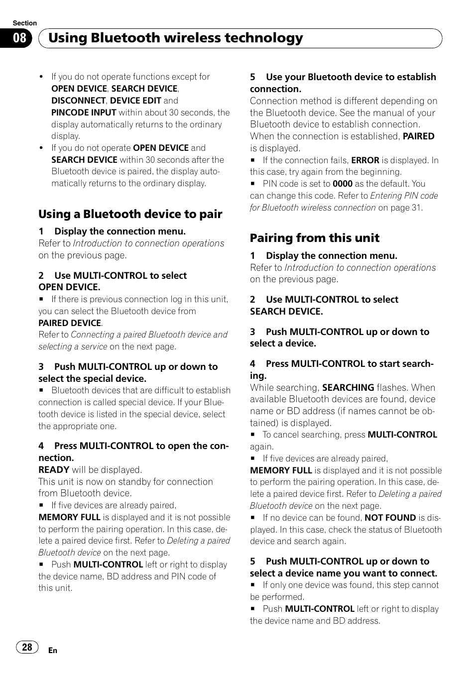 Using a bluetooth device to pair 28, Pairing from this unit 28, Using a bluetooth device to pair on the next | Using bluetooth wireless technology, Using a bluetooth device to pair, Pairing from this unit | Pioneer DEH-6100BT User Manual | Page 28 / 56