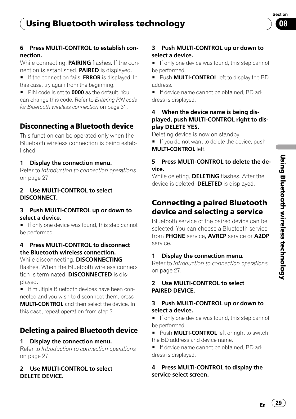 Disconnecting a bluetooth device 29, Deleting a paired bluetooth device 29, Connecting a paired bluetooth device | And selecting a service, Connecting a paired bluetooth device and, Using bluetooth wireless technology, Disconnecting a bluetooth device, Deleting a paired bluetooth device | Pioneer DEH-6100BT User Manual | Page 29 / 56