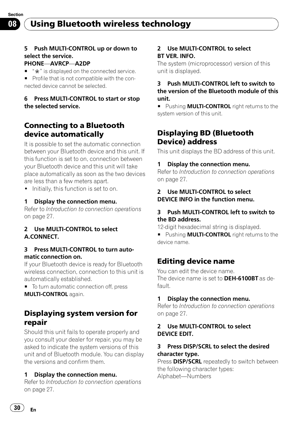Connecting to a bluetooth device, Automatically, Displaying system version for | Repair, Displaying bd (bluetooth device), Address, Editing device name 30, Connecting to a bluetooth device automati, Displaying bd (bluetooth device) address, Using bluetooth wireless technology | Pioneer DEH-6100BT User Manual | Page 30 / 56
