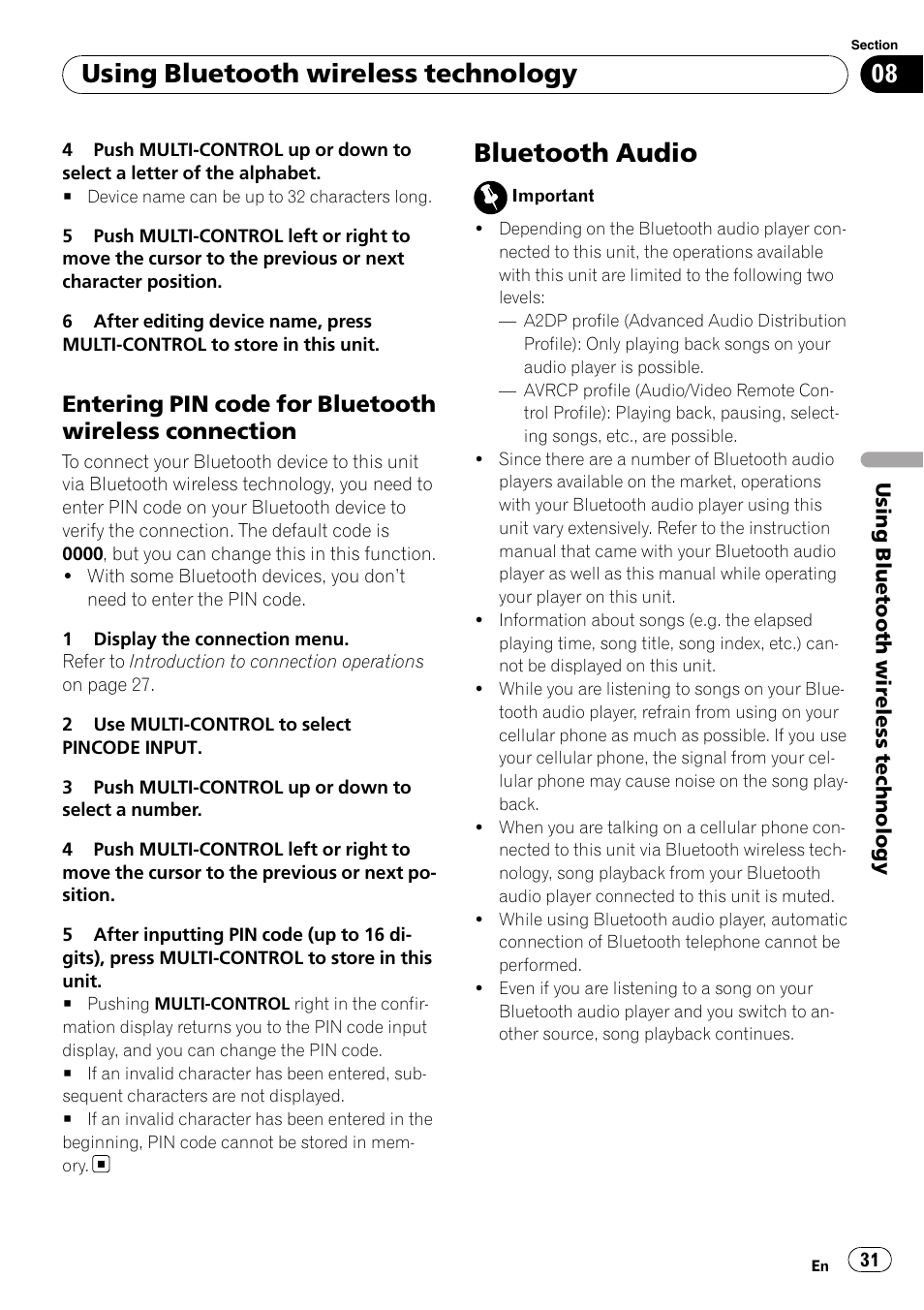 Entering pin code for bluetooth, Wireless connection, Bluetooth audio | Entering pin code for bluetooth wireless, Using bluetooth wireless technology | Pioneer DEH-6100BT User Manual | Page 31 / 56