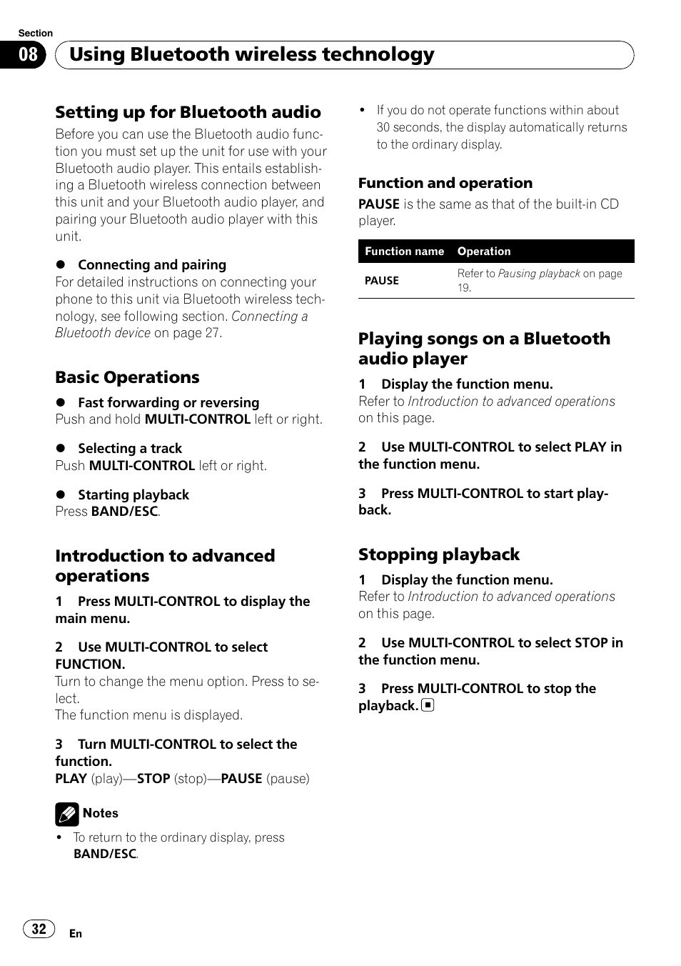 Setting up for bluetooth audio 32, Basic operations 32, Introduction to advanced | Operations, Playing songs on a bluetooth audio, Player, Stopping playback 32, Using bluetooth wireless technology, Setting up for bluetooth audio, Basic operations | Pioneer DEH-6100BT User Manual | Page 32 / 56