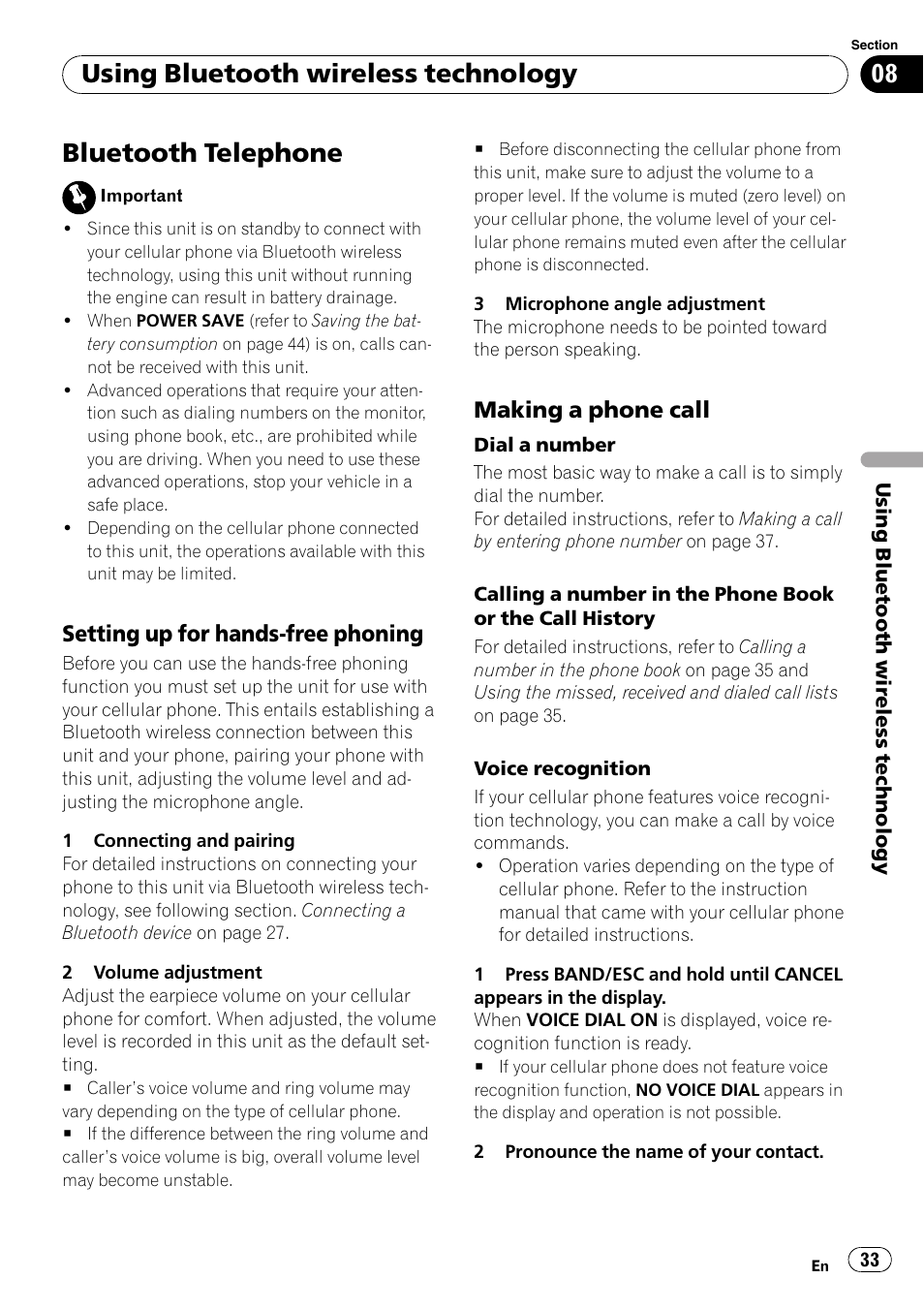 Bluetooth telephone, Setting up for hands-free phoning 33, Making a phone call 33 | Using bluetooth wireless technology, Setting up for hands-free phoning, Making a phone call | Pioneer DEH-6100BT User Manual | Page 33 / 56