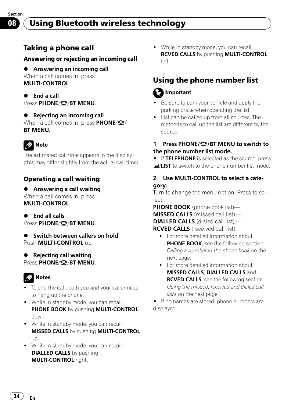 Taking a phone call 34, Using the phone number list 34, Using bluetooth wireless technology | Taking a phone call, Using the phone number list | Pioneer DEH-6100BT User Manual | Page 34 / 56