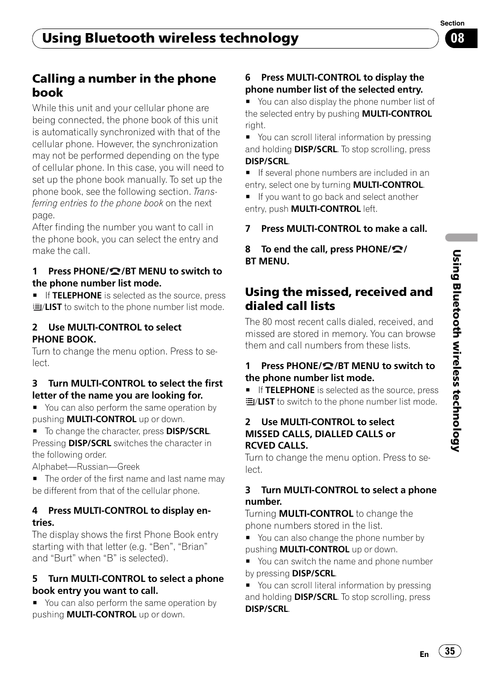 Calling a number in the phone, Book, Using the missed, received and dialed | Call lists, Using bluetooth wireless technology, Calling a number in the phone book, Using the missed, received and dialed call lists | Pioneer DEH-6100BT User Manual | Page 35 / 56