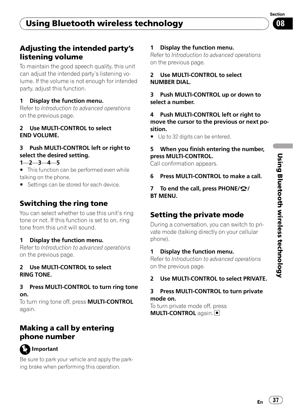 Adjusting the intended party’s listening, Volume, Switching the ring tone 37 | Making a call by entering phone, Number, Setting the private mode 37, Using bluetooth wireless technology, Adjusting the intended party ’s listening volume, Switching the ring tone, Making a call by entering phone number | Pioneer DEH-6100BT User Manual | Page 37 / 56