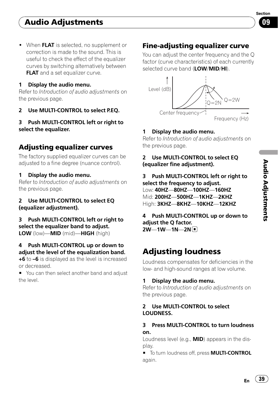 Adjusting equalizer curves 39, Fine-adjusting equalizer curve 39, Adjusting loudness | Audio adjustments, Adjusting equalizer curves, Fine-adjusting equalizer curve | Pioneer DEH-6100BT User Manual | Page 39 / 56