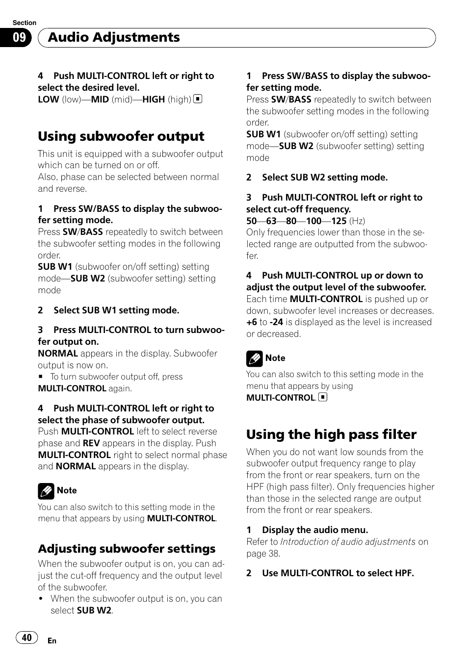 Using subwoofer output, Adjusting subwoofer settings 40, Using the high pass filter | Audio adjustments, Adjusting subwoofer settings | Pioneer DEH-6100BT User Manual | Page 40 / 56