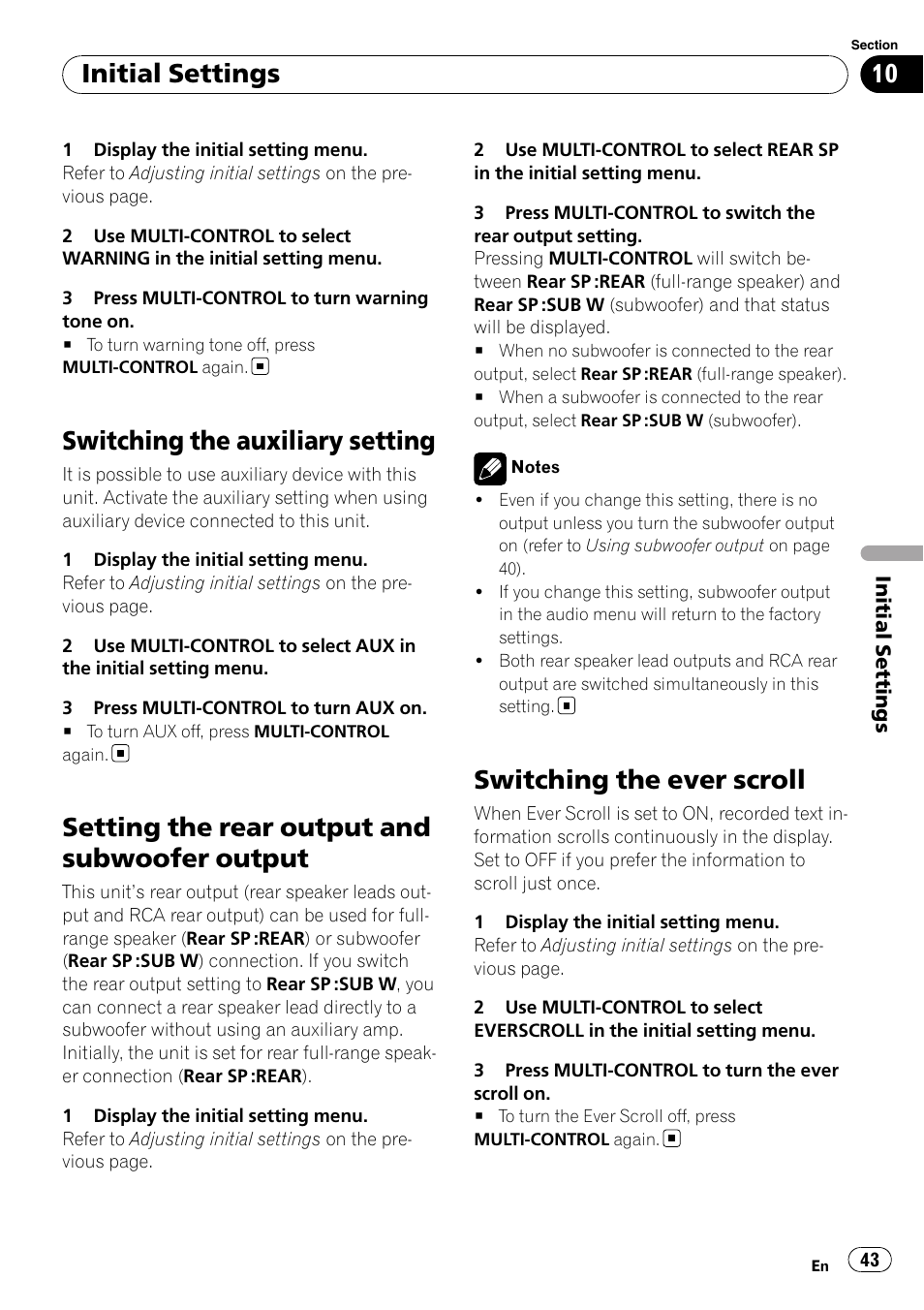 Switching the auxiliary setting, Setting the rear output and subwoofer, Output | Switching the ever scroll, Setting the rear output and subwoofer output, Initial settings | Pioneer DEH-6100BT User Manual | Page 43 / 56