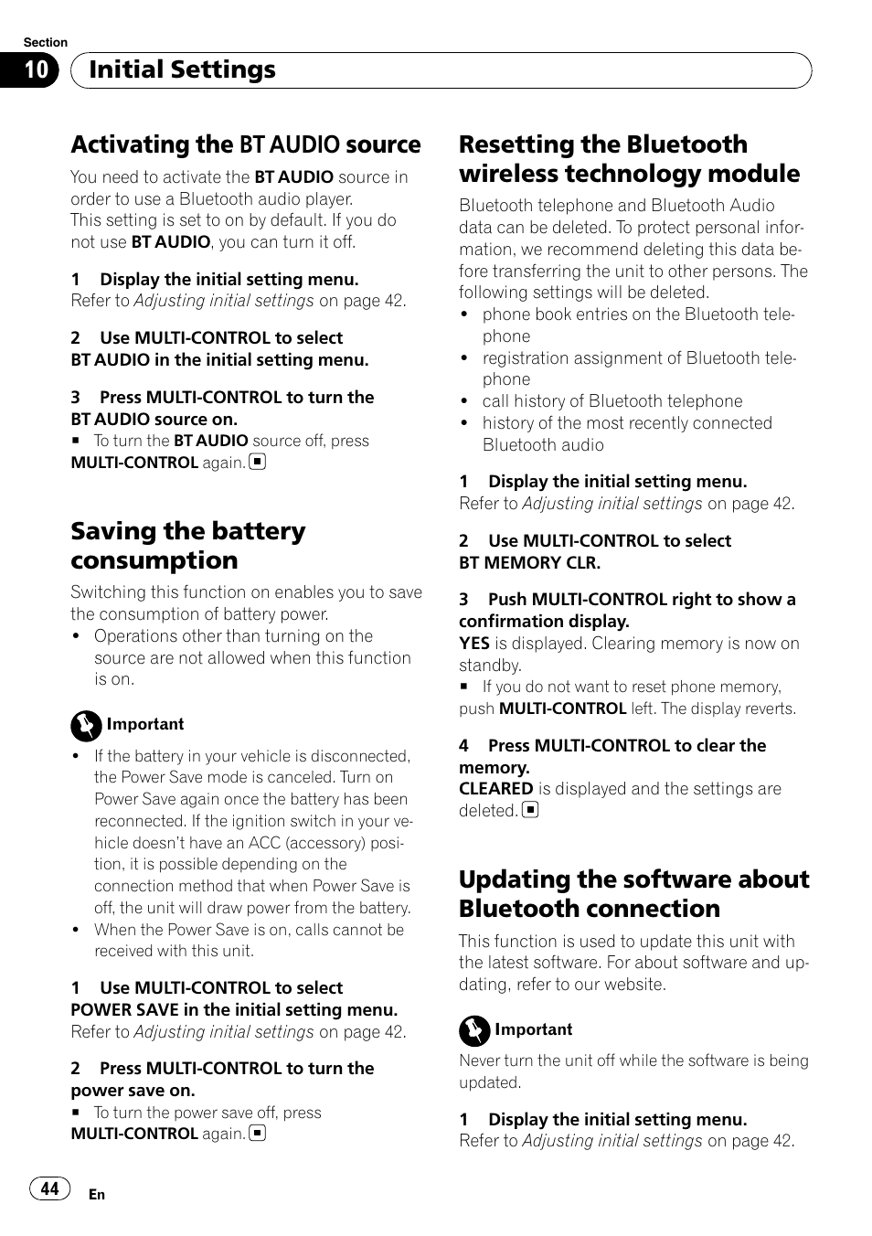 Activating the bt audio source, Saving the battery consumption, Resetting the bluetooth wireless technology | Module, Updating the software about bluetooth, Connection, Activating the, Bt audio source, Saving the bat, Resetting the bluetooth wireless technology module | Pioneer DEH-6100BT User Manual | Page 44 / 56