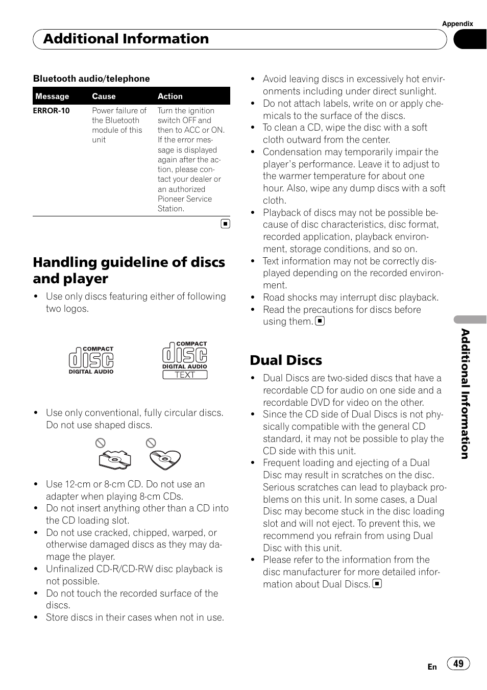 Handling guideline of discs and player, Dual discs, Additional information | Pioneer DEH-6100BT User Manual | Page 49 / 56
