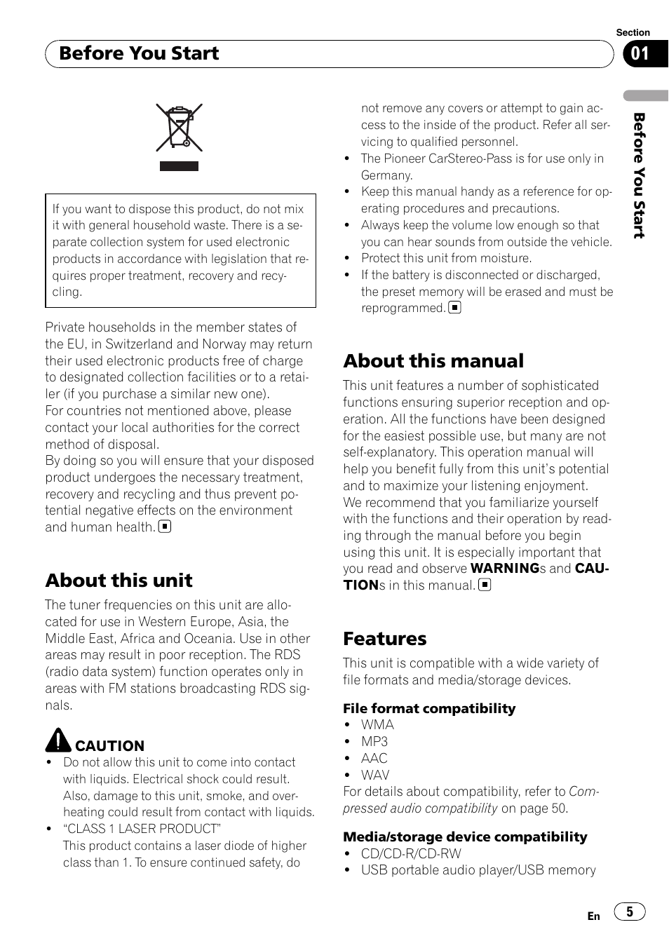 Before you start, About this unit, About this manual | Features | Pioneer DEH-6100BT User Manual | Page 5 / 56