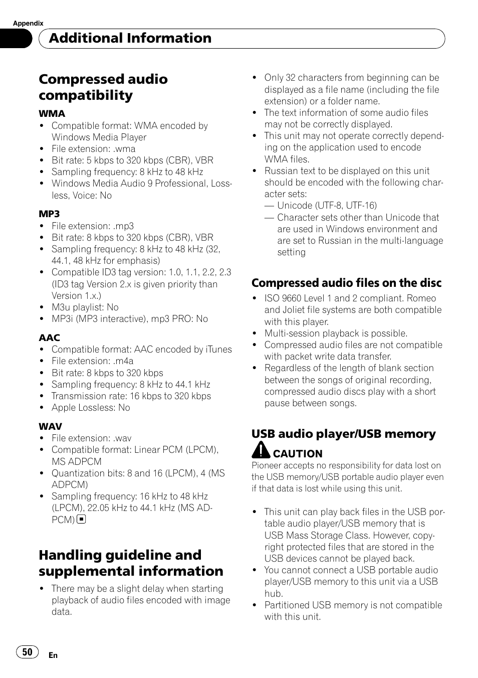 Compressed audio compatibility, Handling guideline and supplemental, Information | Compressed audio files on the, Disc, Usb audio player/usb memory 50, Handling guideline and supplemental information, Additional information, Compressed audio files on the disc | Pioneer DEH-6100BT User Manual | Page 50 / 56