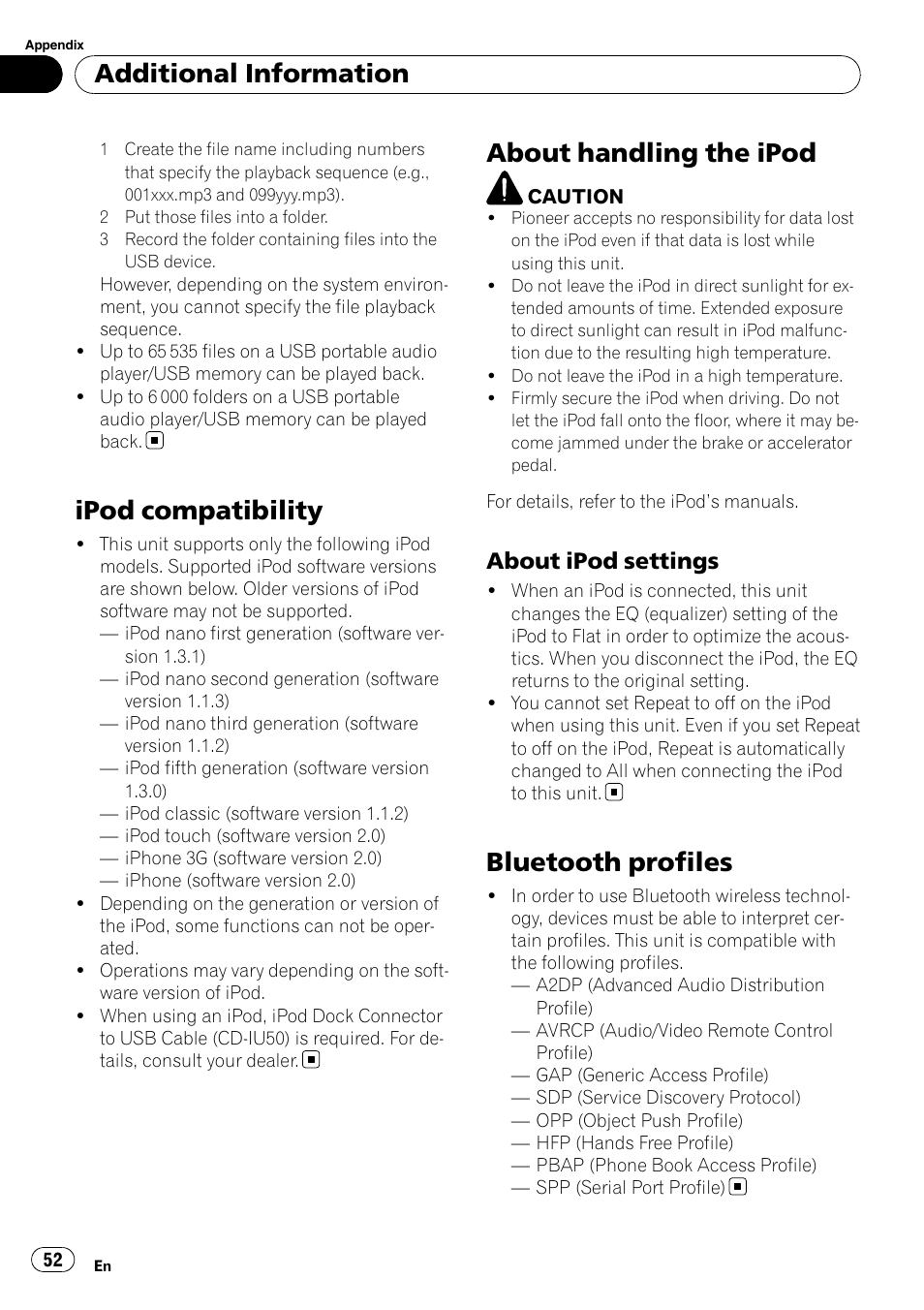 Ipod compatibility, About handling the ipod, About ipod settings 52 | Bluetooth profiles, Additional information, About ipod settings | Pioneer DEH-6100BT User Manual | Page 52 / 56