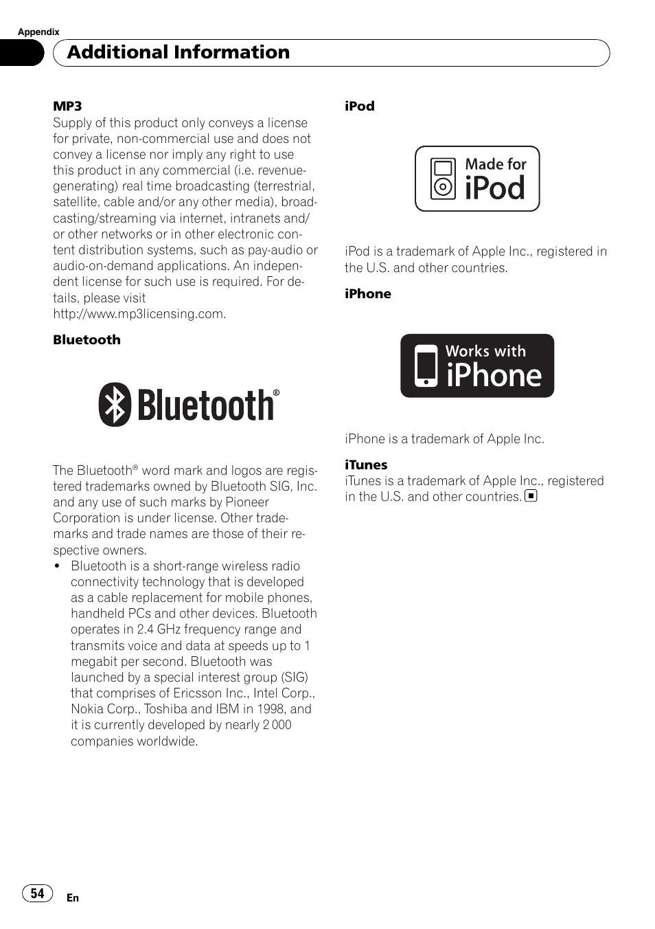 Additional information | Pioneer DEH-6100BT User Manual | Page 54 / 56