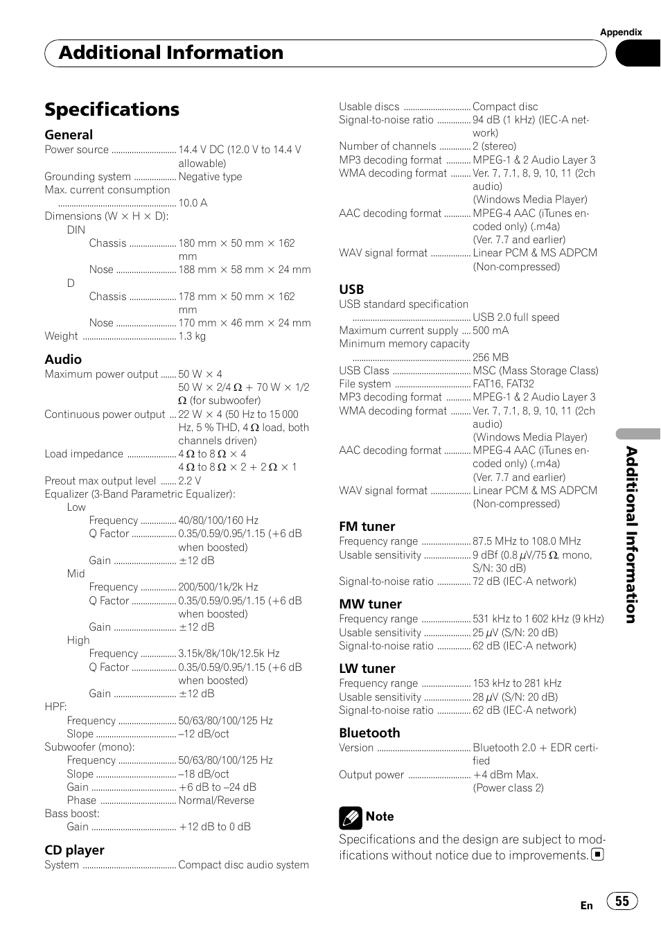 Specifications, Additional information | Pioneer DEH-6100BT User Manual | Page 55 / 56