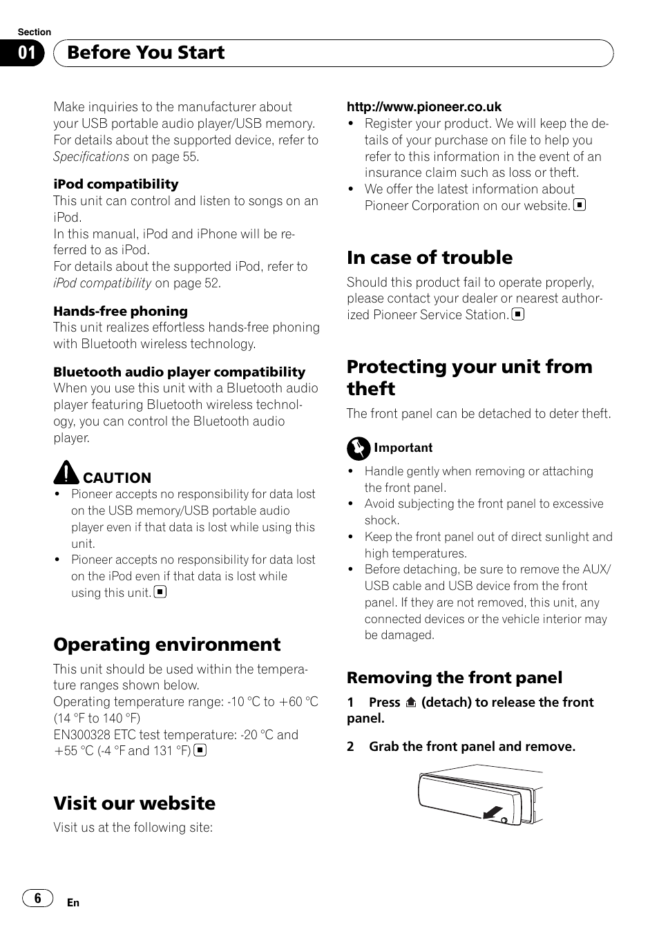 Operating environment, Visit our website, In case of trouble | Protecting your unit from theft, Removing the front panel 6, Before you start | Pioneer DEH-6100BT User Manual | Page 6 / 56
