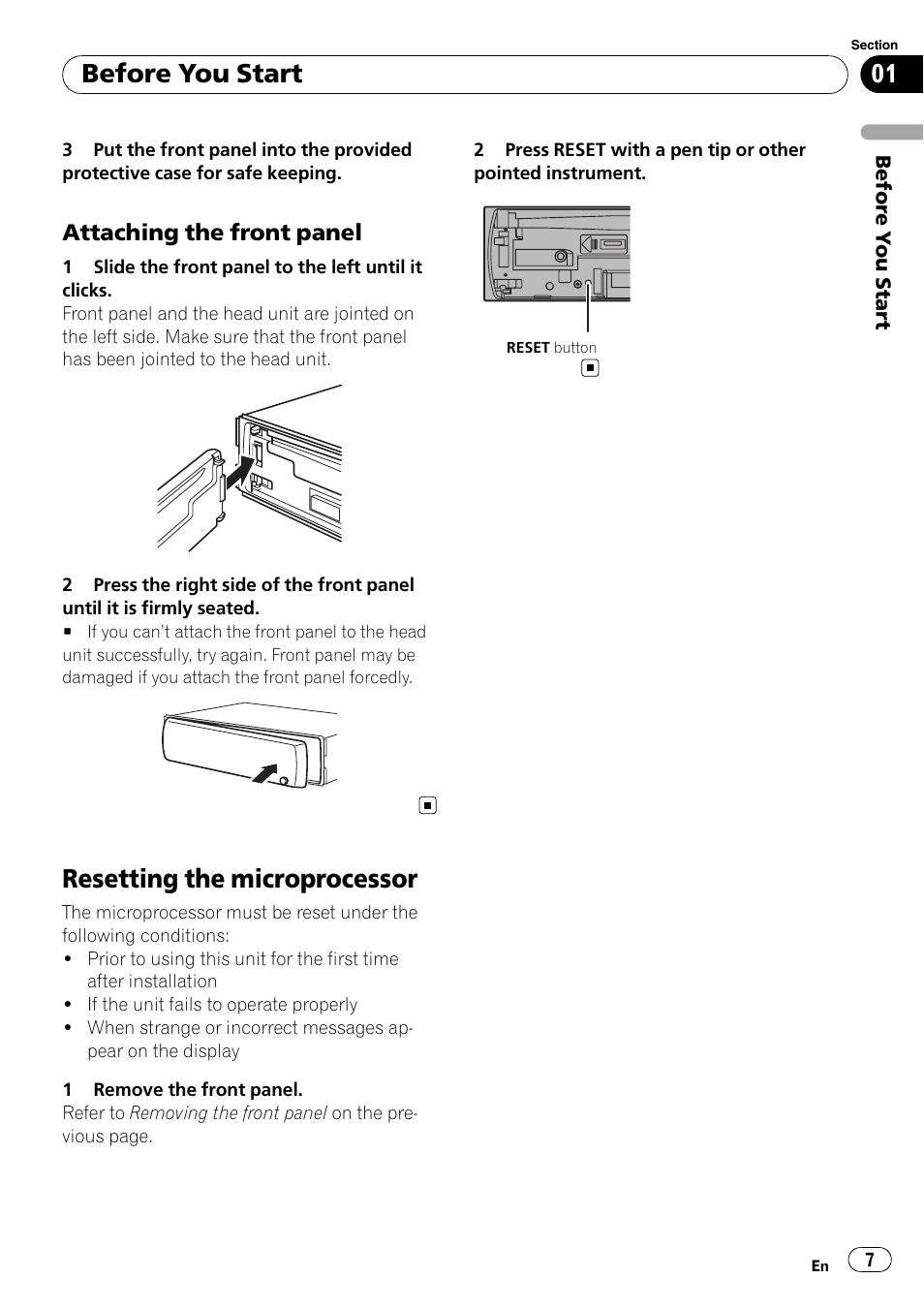 Attaching the front panel 7, Resetting the microprocessor, Before you start | Pioneer DEH-6100BT User Manual | Page 7 / 56