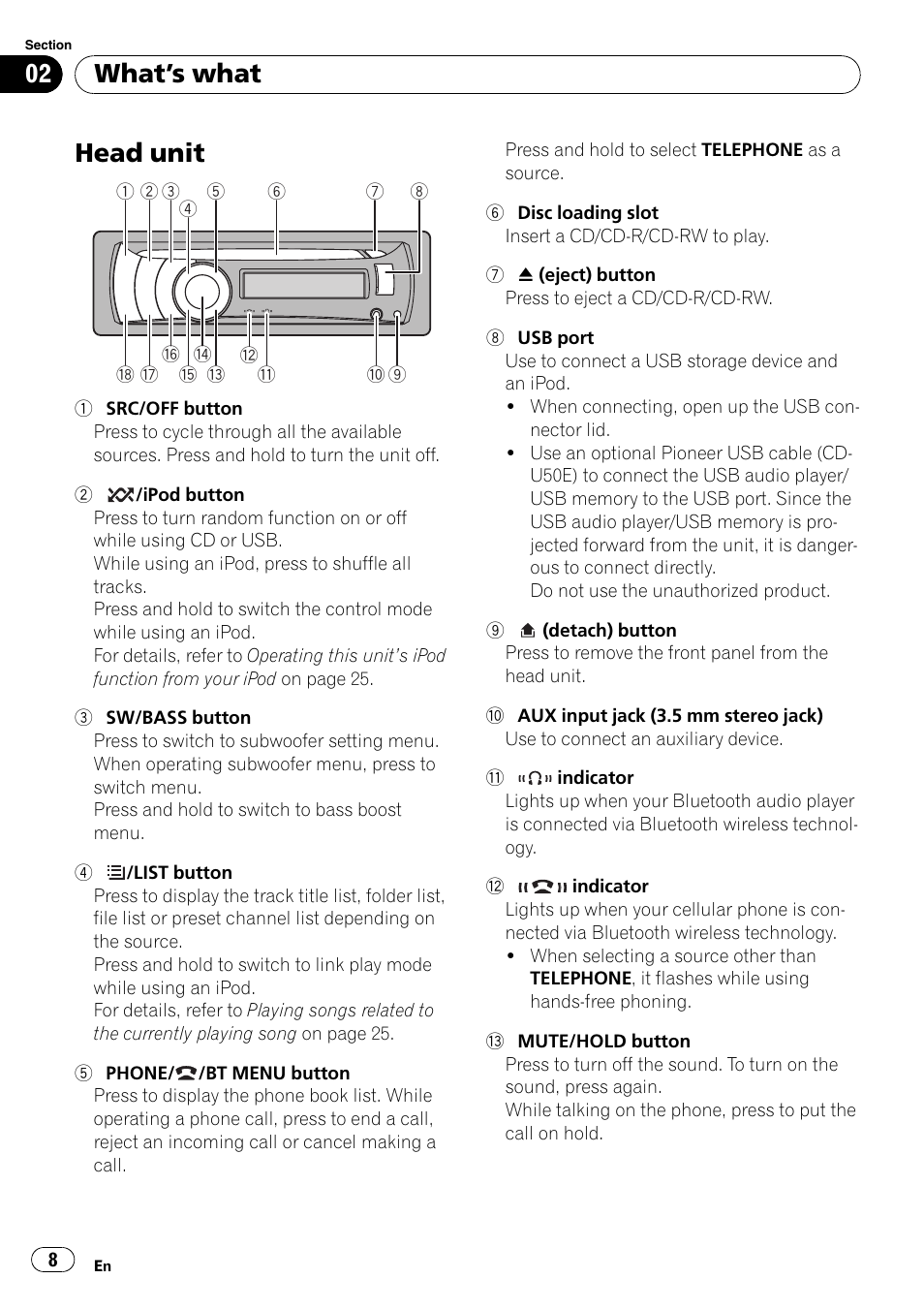What, S what, Head unit | What ’s what | Pioneer DEH-6100BT User Manual | Page 8 / 56
