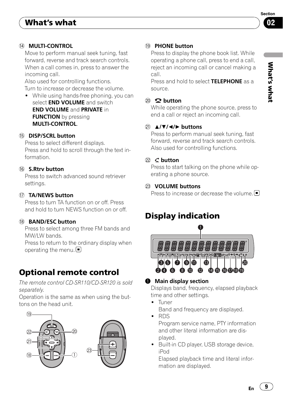 Optional remote control, Display indication, What ’s what | Pioneer DEH-6100BT User Manual | Page 9 / 56