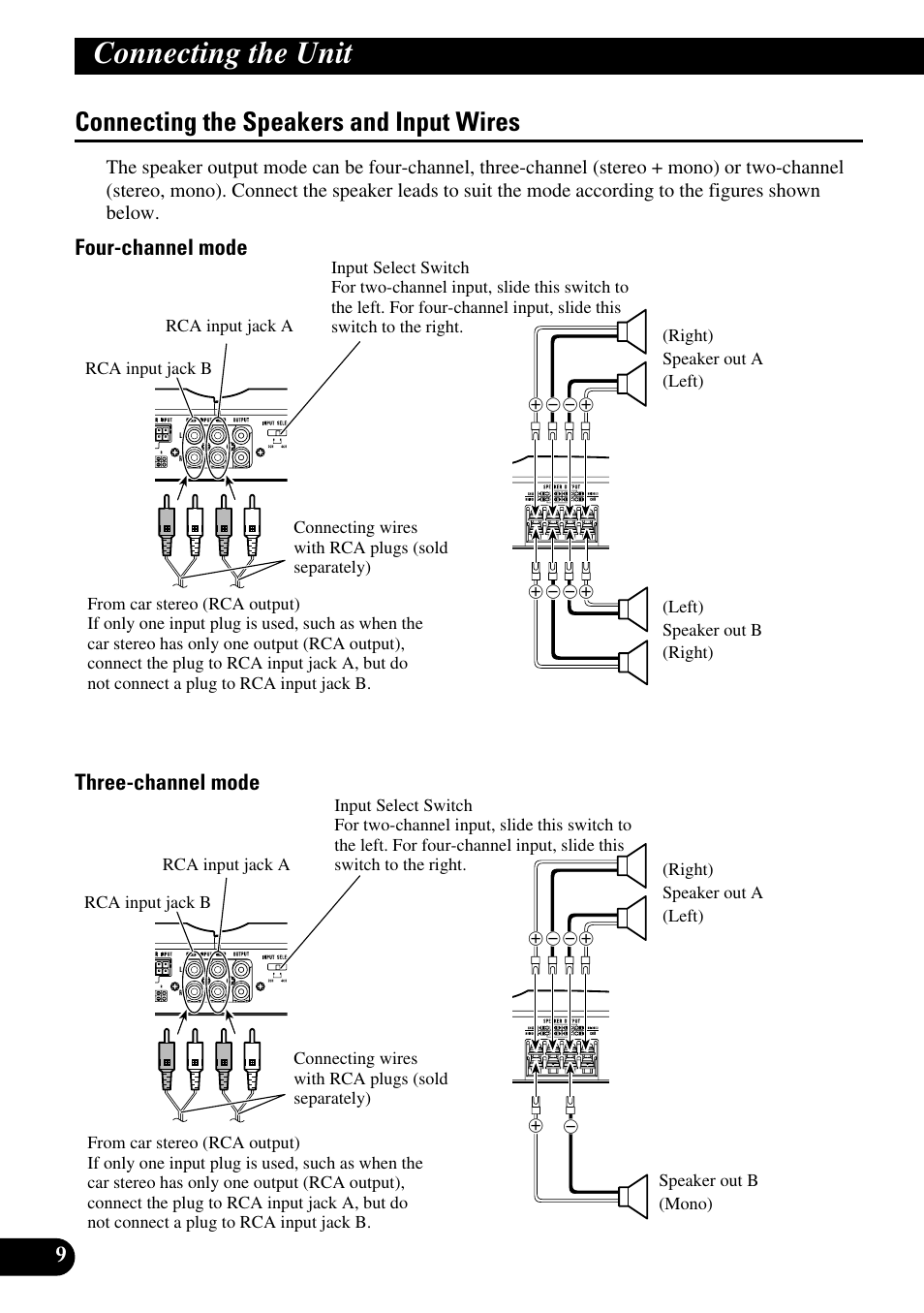 Connecting the speakers and input wires, Connecting the unit, Four-channel mode three-channel mode | Pioneer GM-6300F User Manual | Page 10 / 86