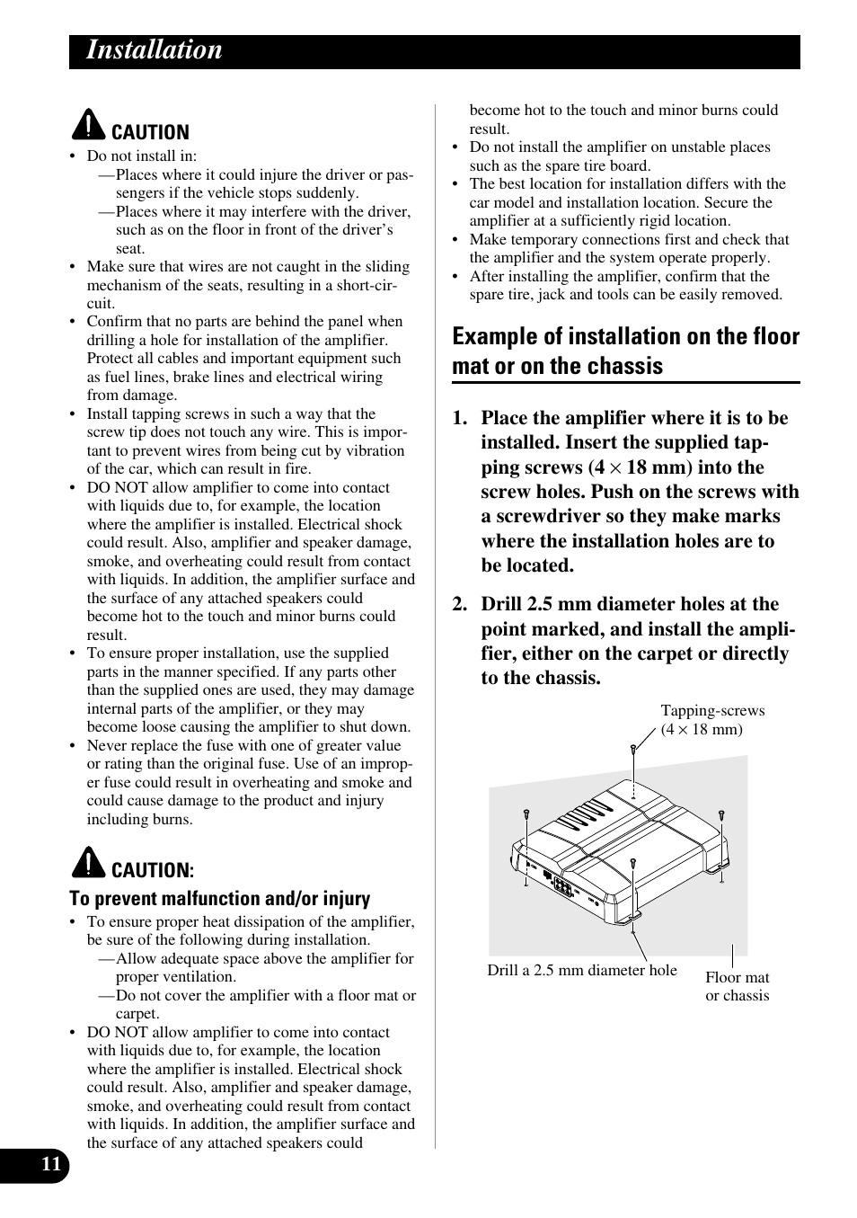 Installation, Example of installation on the floor mat, Or on the chassis | Pioneer GM-6300F User Manual | Page 12 / 86