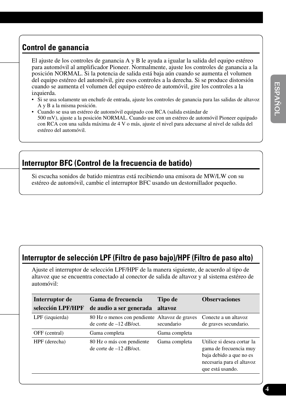 Batido), Interruptor de selección lpf (filtro de paso, Bajo)/hpf (filtro de paso alto) | Control de ganancia | Pioneer GM-6300F User Manual | Page 17 / 86