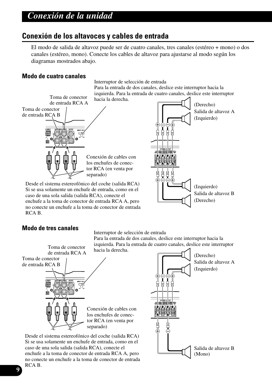 Conexión de los altavoces y cables, De entrada, Conexión de la unidad | Conexión de los altavoces y cables de entrada, Modo de cuatro canales modo de tres canales | Pioneer GM-6300F User Manual | Page 22 / 86
