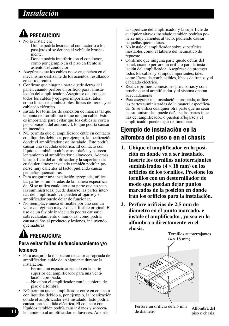 Instalación, Ejemplo de instalación en la alfombra del, Piso o en el chasis | Pioneer GM-6300F User Manual | Page 24 / 86