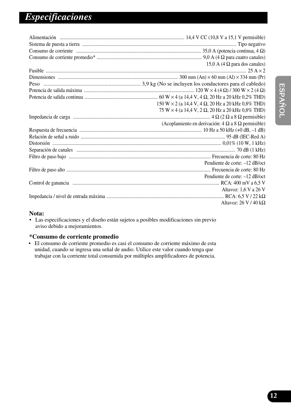 Especificaciones | Pioneer GM-6300F User Manual | Page 25 / 86