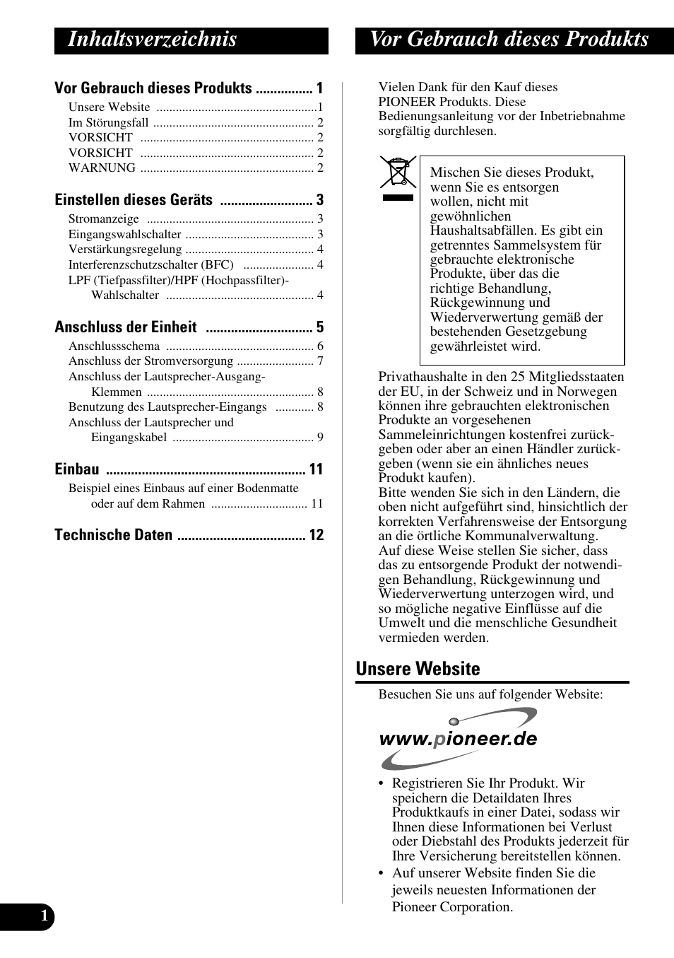 Deutsch, Inhaltsverzeichnis vor gebrauch dieses produkts, Unsere website | Pioneer GM-6300F User Manual | Page 26 / 86