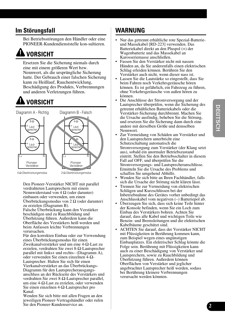 Im störungsfall vorsicht vorsicht warnung, Im störungsfall, Vorsicht | Warnung | Pioneer GM-6300F User Manual | Page 27 / 86