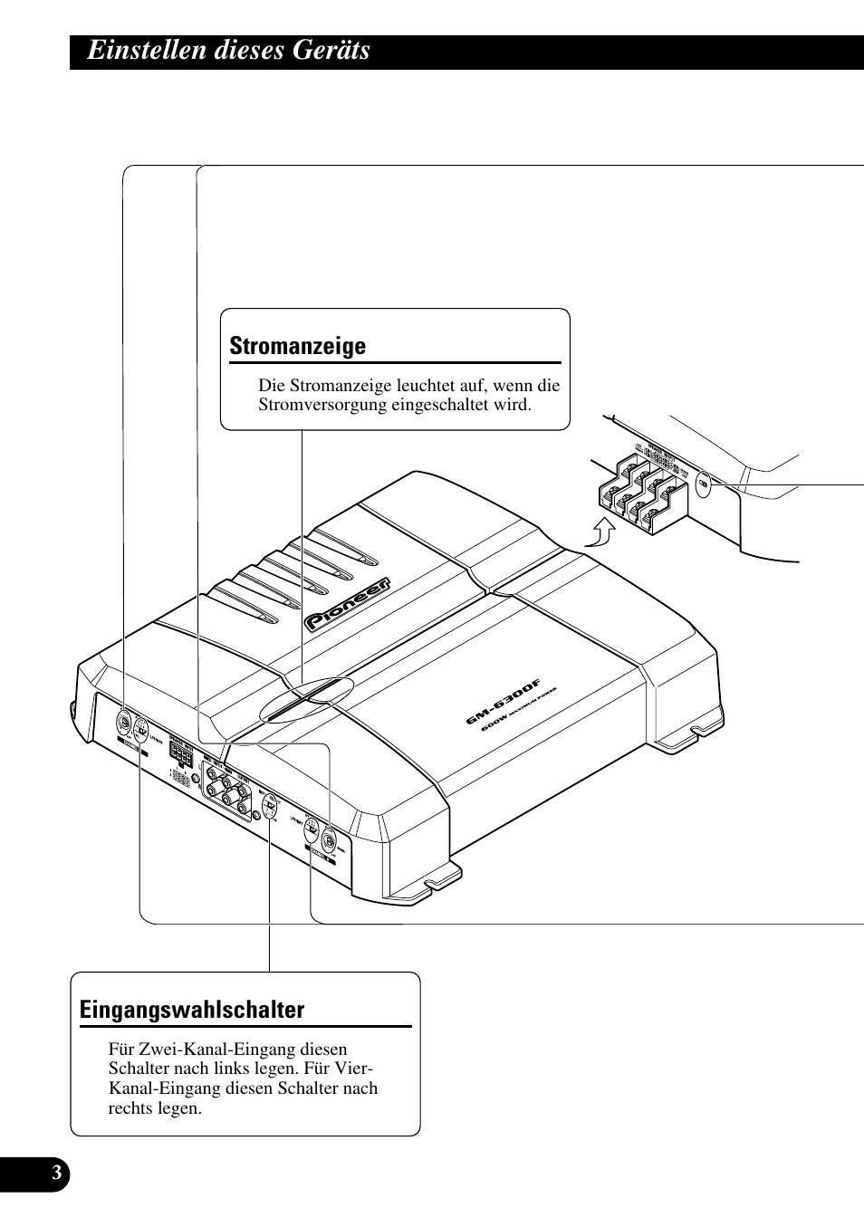 Einstellen dieses geräts, Stromanzeige eingangswahlschalter | Pioneer GM-6300F User Manual | Page 28 / 86