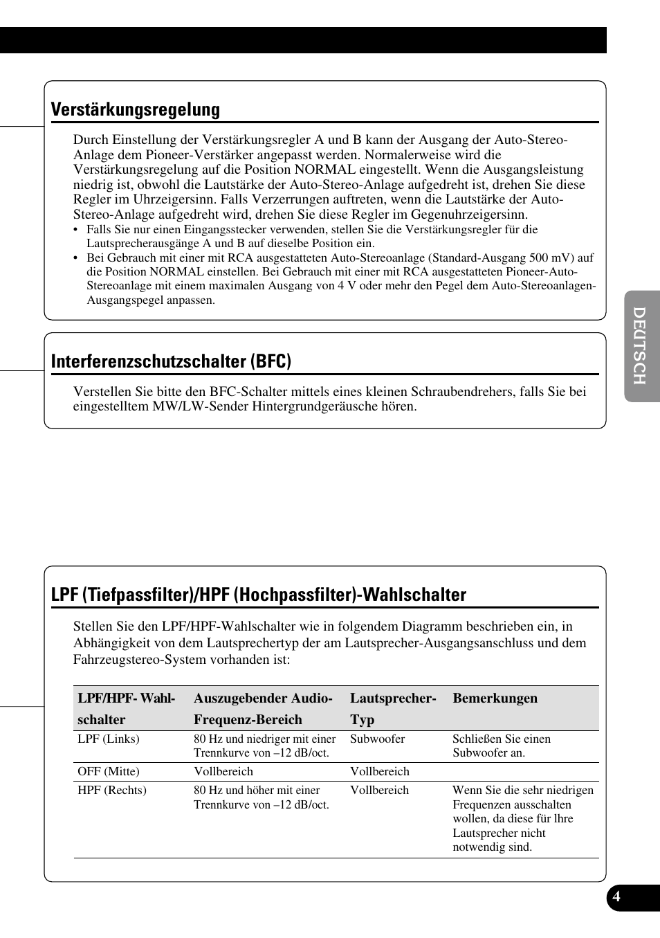 Wahlschalter, Verstärkungsregelung, Interferenzschutzschalter (bfc) | Pioneer GM-6300F User Manual | Page 29 / 86