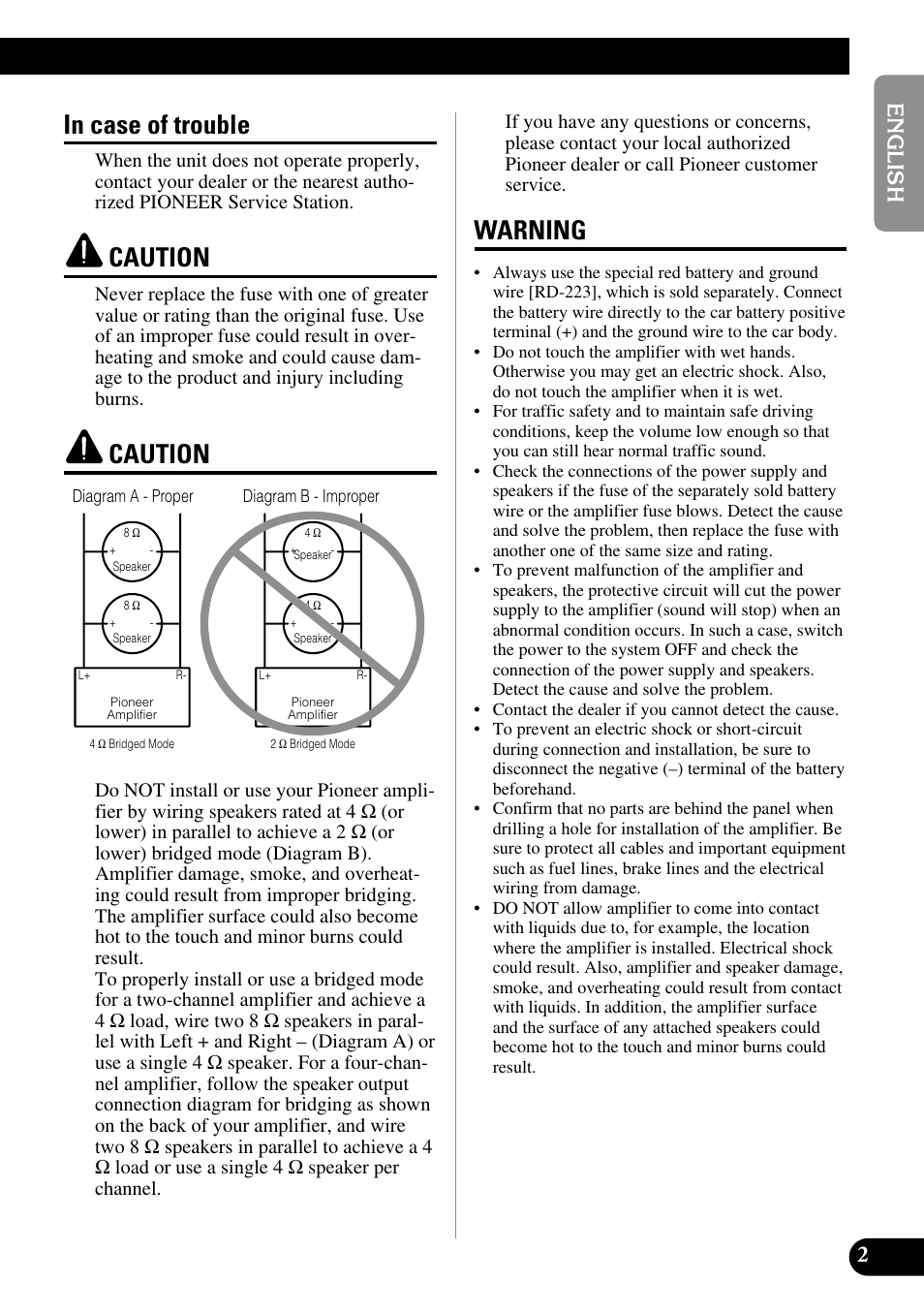 In case of trouble caution caution warning, Caution, Warning | Pioneer GM-6300F User Manual | Page 3 / 86