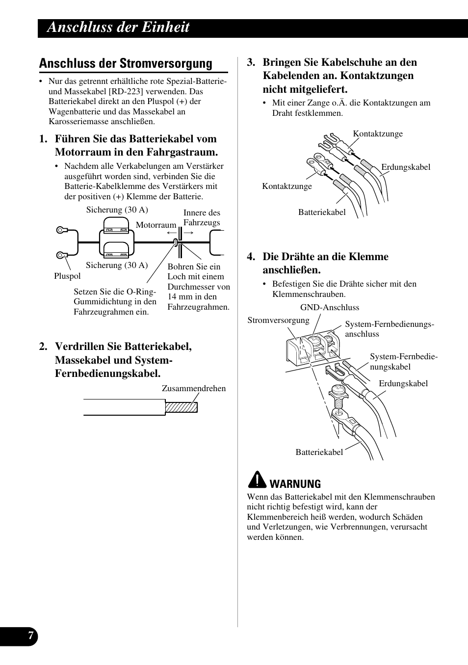 Anschluss der stromversorgung, Anschluss der einheit | Pioneer GM-6300F User Manual | Page 32 / 86
