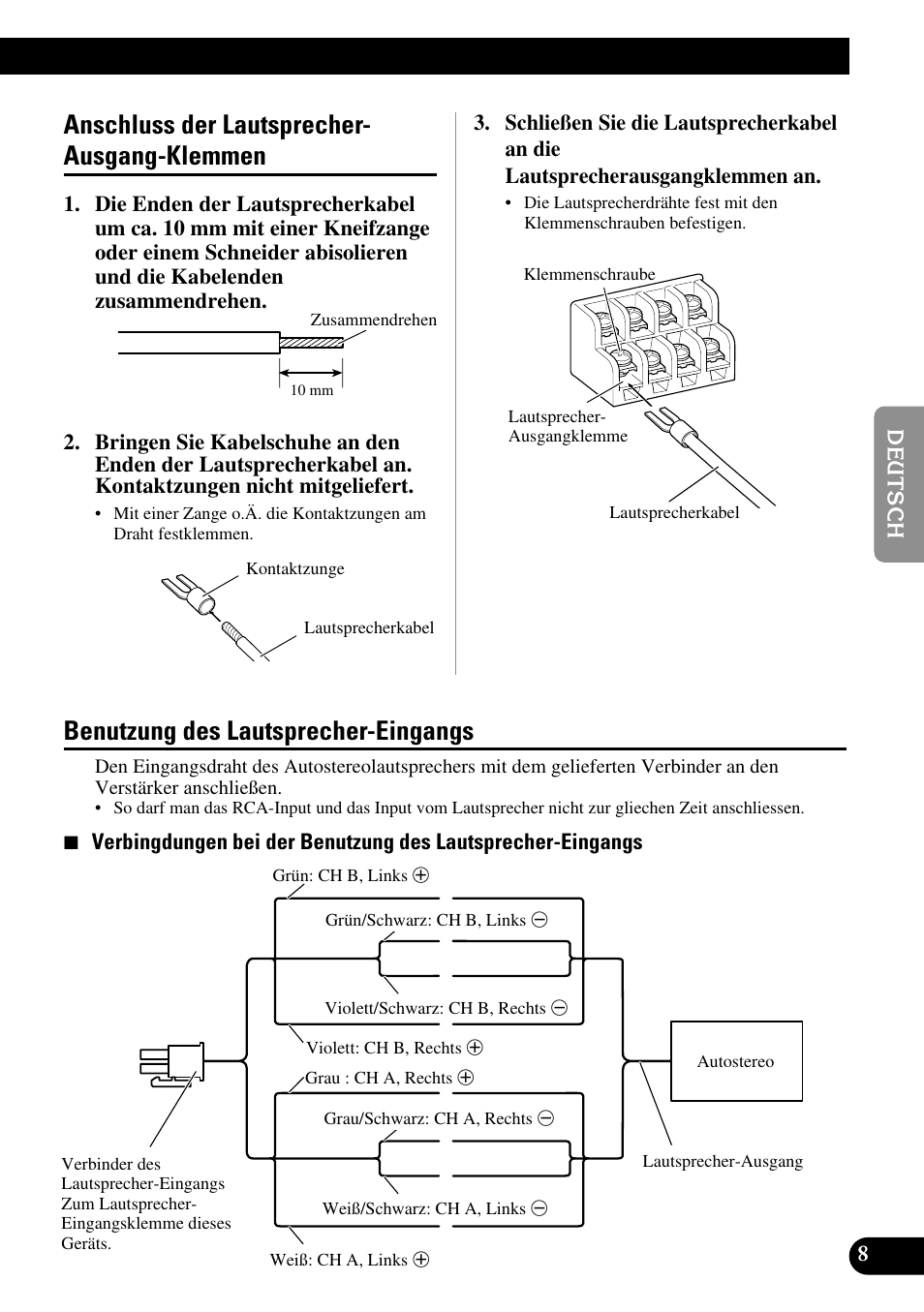 Anschluss der lautsprecher-ausgang, Klemmen, Benutzung des lautsprecher-eingangs | Anschluss der lautsprecher- ausgang-klemmen | Pioneer GM-6300F User Manual | Page 33 / 86