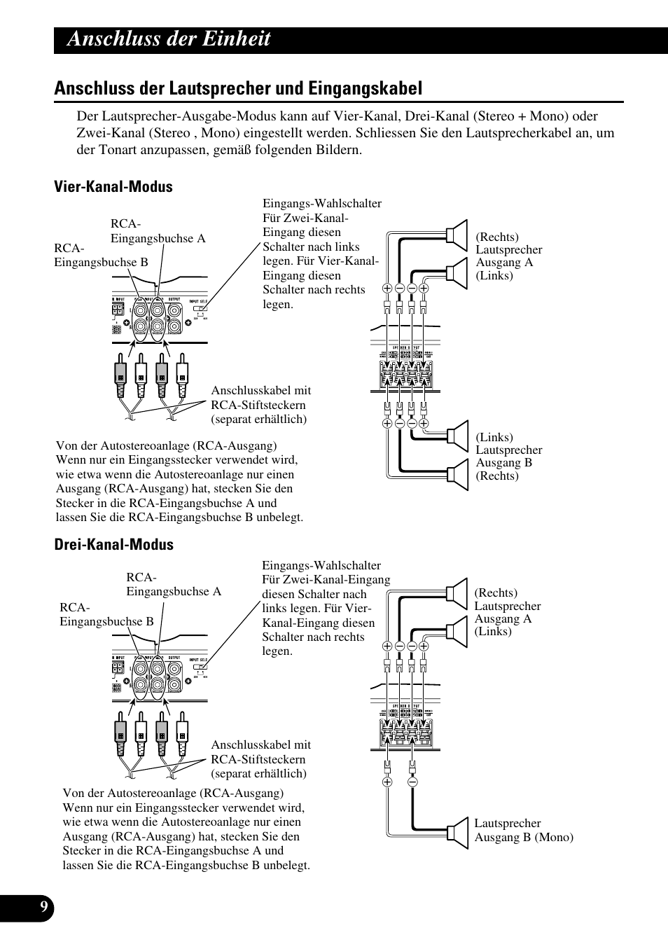 Anschluss der lautsprecher und, Eingangskabel, Anschluss der einheit | Anschluss der lautsprecher und eingangskabel, Vier-kanal-modus drei-kanal-modus | Pioneer GM-6300F User Manual | Page 34 / 86