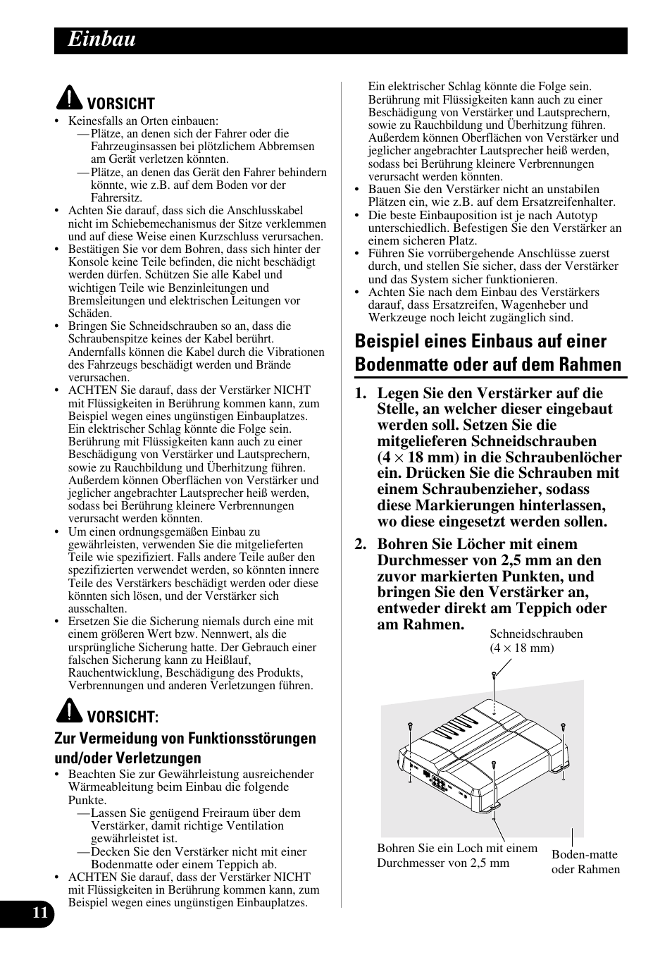 Einbau, Beispiel eines einbaus auf einer bodenmatte, Oder auf dem rahmen | Pioneer GM-6300F User Manual | Page 36 / 86