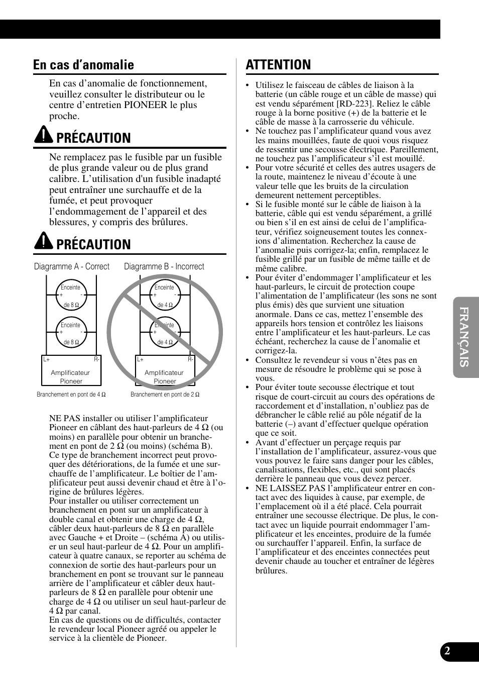 En cas d’anomalie précaution précaution attention, En cas d’anomalie, Précaution | Attention | Pioneer GM-6300F User Manual | Page 39 / 86