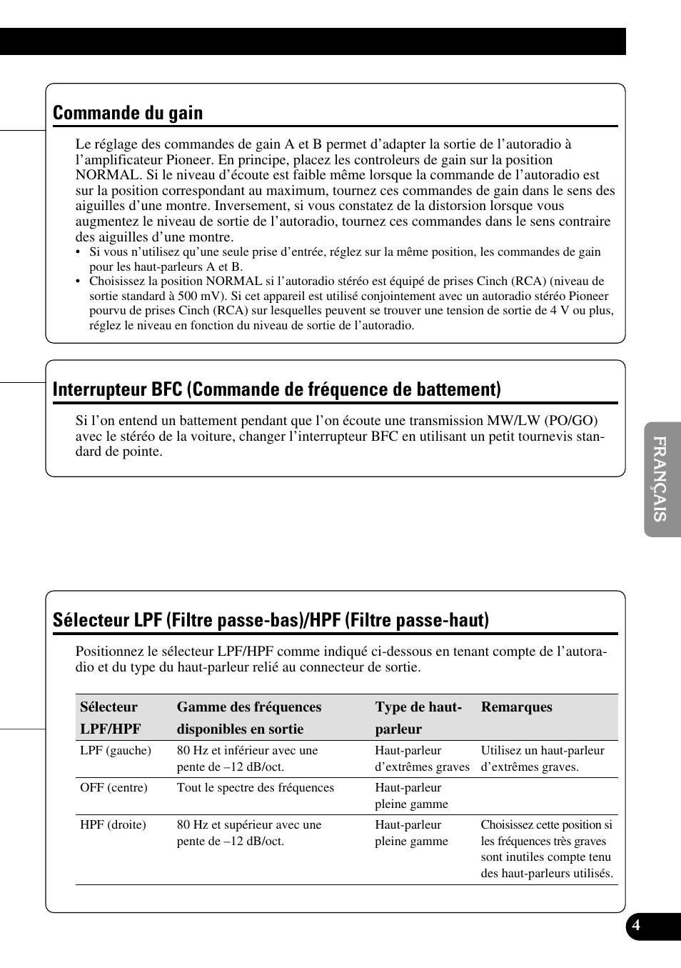 De battement), Sélecteur lpf (filtre passe-bas), Hpf (filtre passe-haut) | Commande du gain | Pioneer GM-6300F User Manual | Page 41 / 86