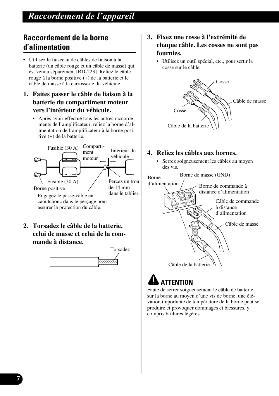 Raccordement de la borne d’alimentation, Raccordement de l’appareil | Pioneer GM-6300F User Manual | Page 44 / 86