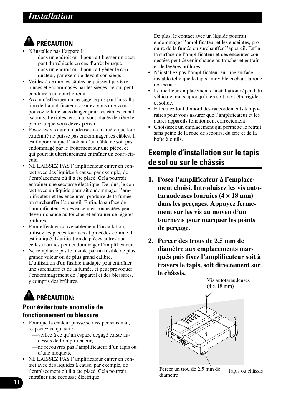 Installation, Exemple d’installation sur le tapis de sol ou, Sur le châssis | Pioneer GM-6300F User Manual | Page 48 / 86
