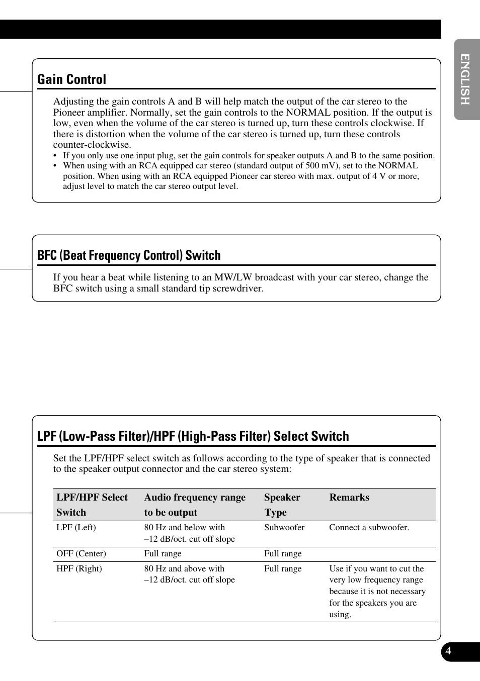 Filter) select switch, Gain control, Bfc (beat frequency control) switch | Pioneer GM-6300F User Manual | Page 5 / 86