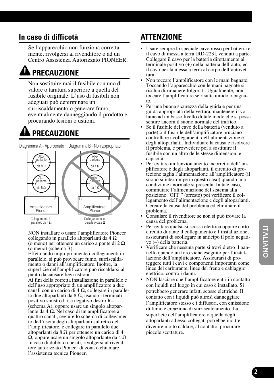 Precauzione, Attenzione | Pioneer GM-6300F User Manual | Page 51 / 86