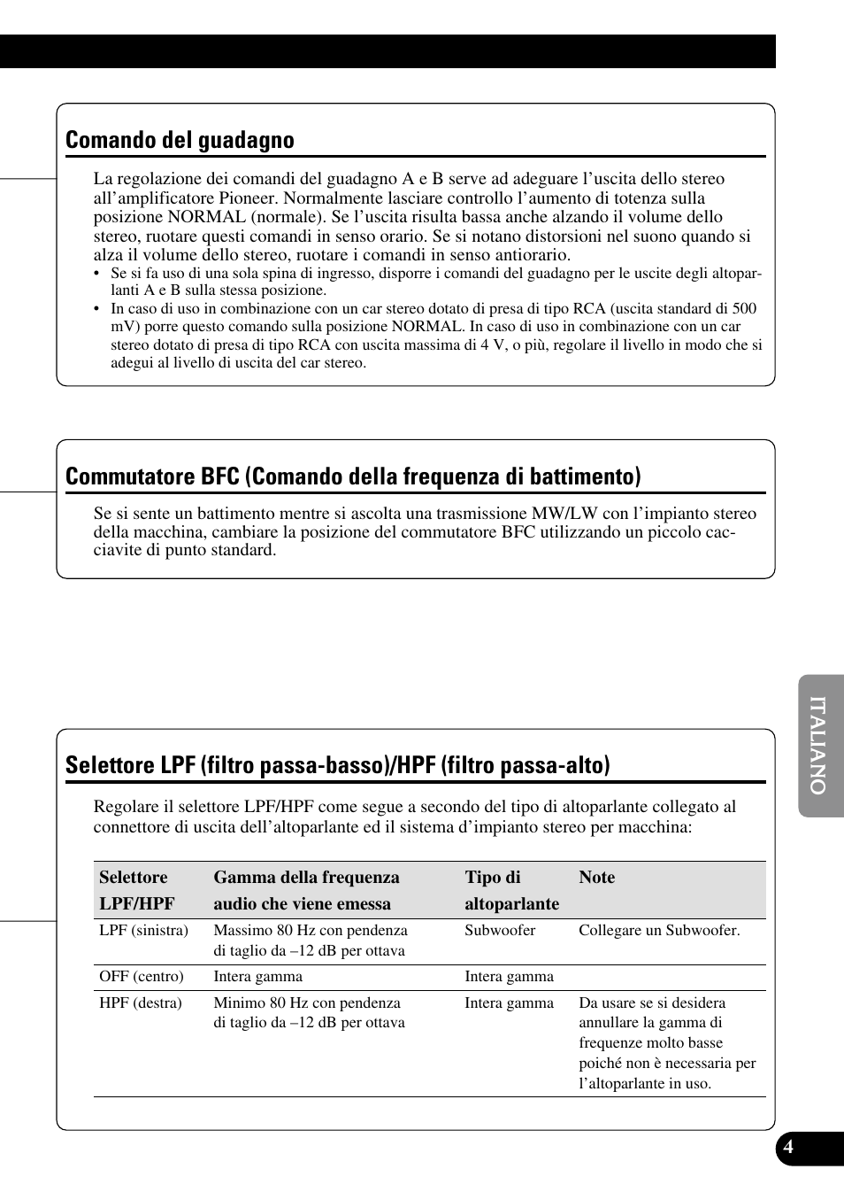 Di battimento), Selettore lpf (filtro passa-basso)/hpf (filtro, Passa-alto) | Comando del guadagno | Pioneer GM-6300F User Manual | Page 53 / 86