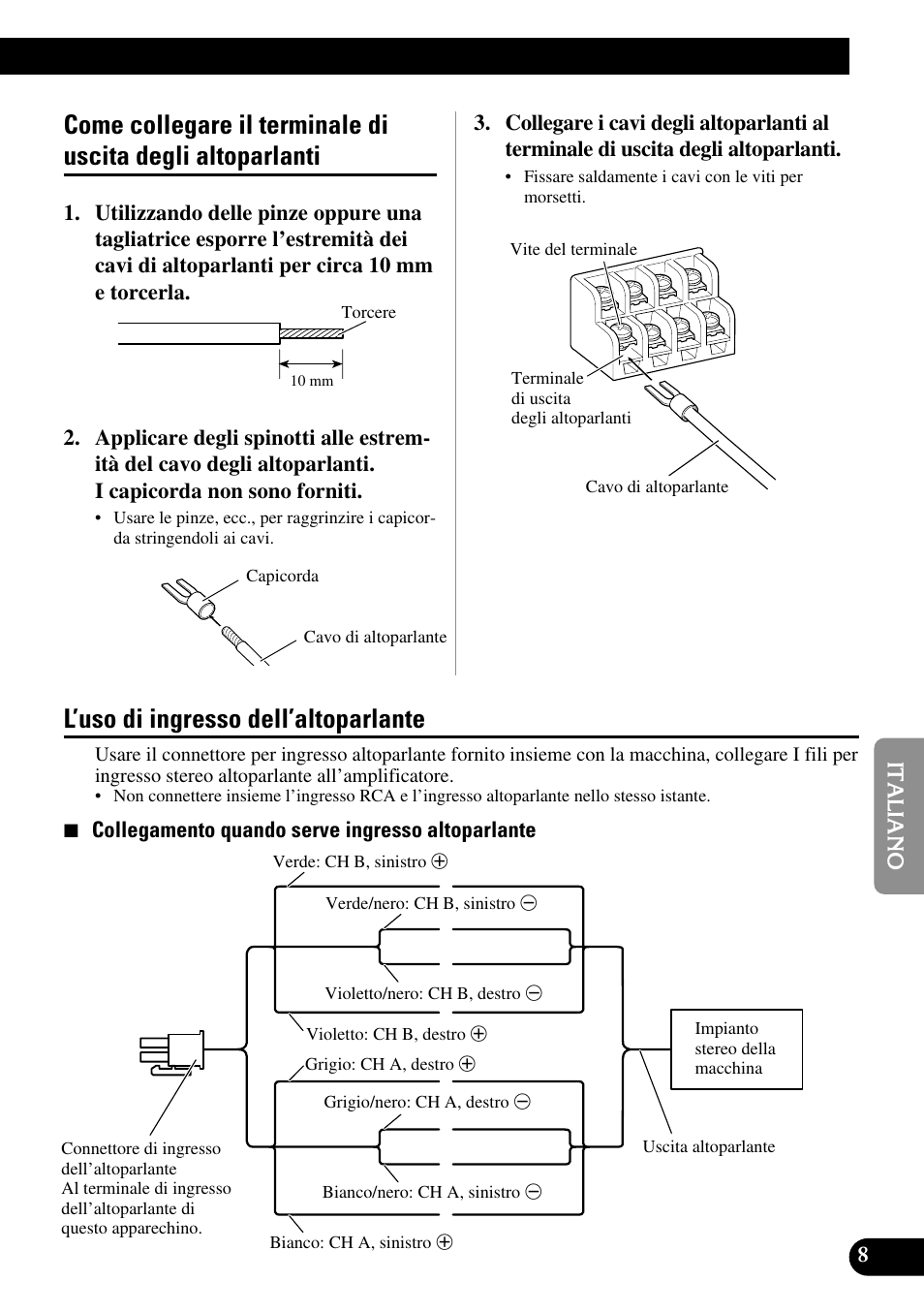 Come collegare il terminale di uscita, Degli altoparlanti, L’uso di ingresso dell’altoparlante | Pioneer GM-6300F User Manual | Page 57 / 86