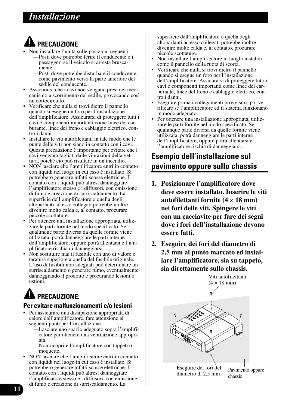 Installazione, Esempio dell’installazione sul pavimento, Oppure sullo chassis | Pioneer GM-6300F User Manual | Page 60 / 86